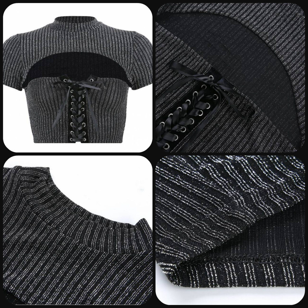 Lace Up Metallic Black Crop Top *DELETING FROM INVENTORY 11/19* - Picture 7 of 8